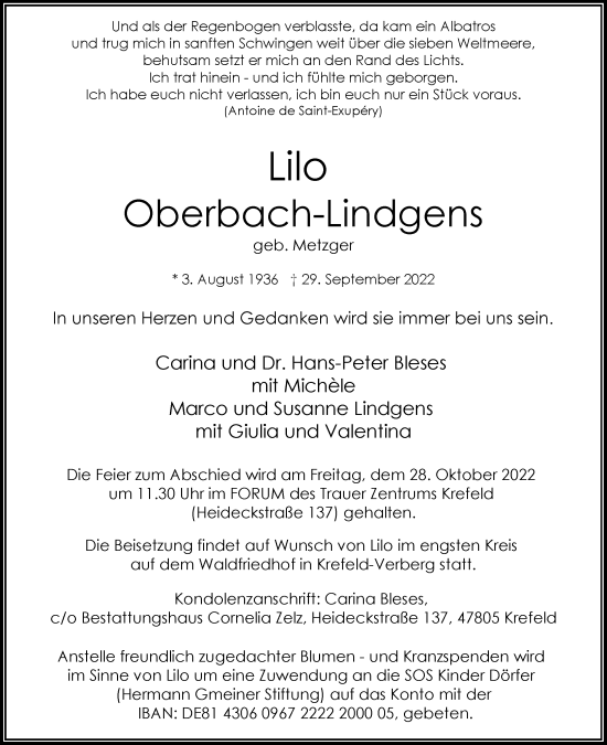 Traueranzeige von Lilo Oberbach-Lindgens von Rheinische Post