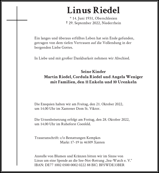 Traueranzeige von Linus Riedel von Rheinische Post