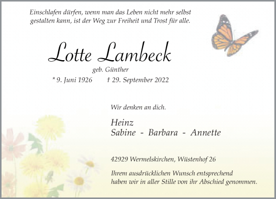 Traueranzeige von Lotte Lambeck von Rheinische Post