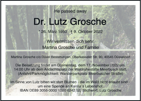 Traueranzeige von Lutz Grosche von Rheinische Post