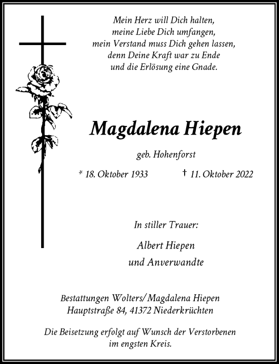 Traueranzeige von Magdalena Hiepen von Rheinische Post