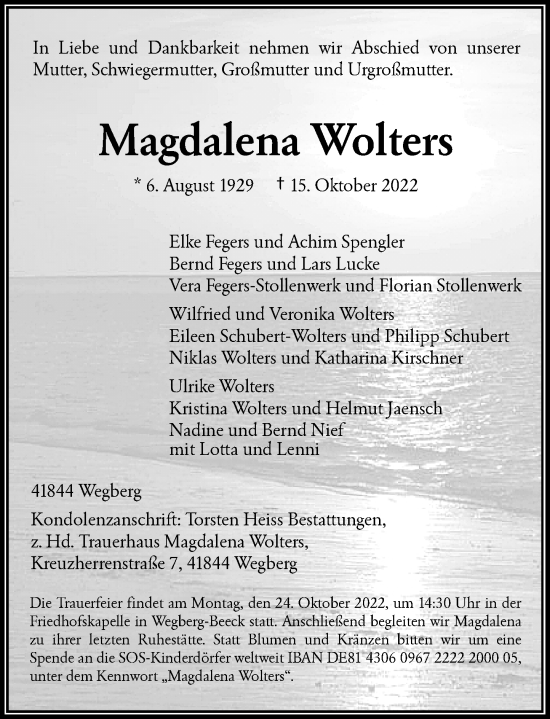 Traueranzeige von Magdalena Wolters von Rheinische Post