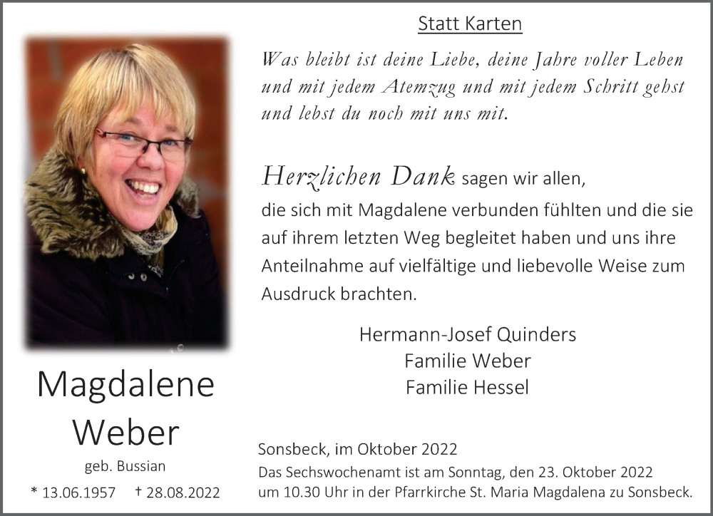  Traueranzeige für Magdalene Weber vom 15.10.2022 aus Rheinische Post