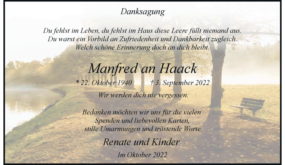  Traueranzeige für Manfred an Haack vom 22.10.2022 aus Rheinische Post