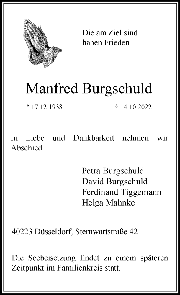  Traueranzeige für Manfred Burgschuld vom 19.10.2022 aus Rheinische Post