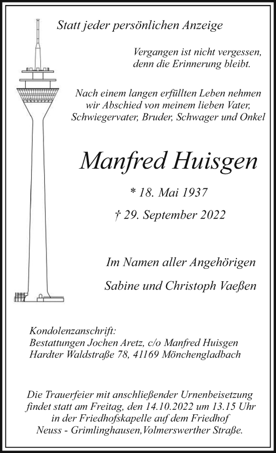 Traueranzeige von Manfred Huisgen von Rheinische Post