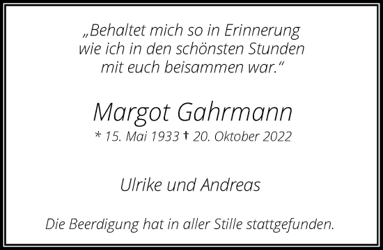 Traueranzeige von Margot Gahrmann von Rheinische Post
