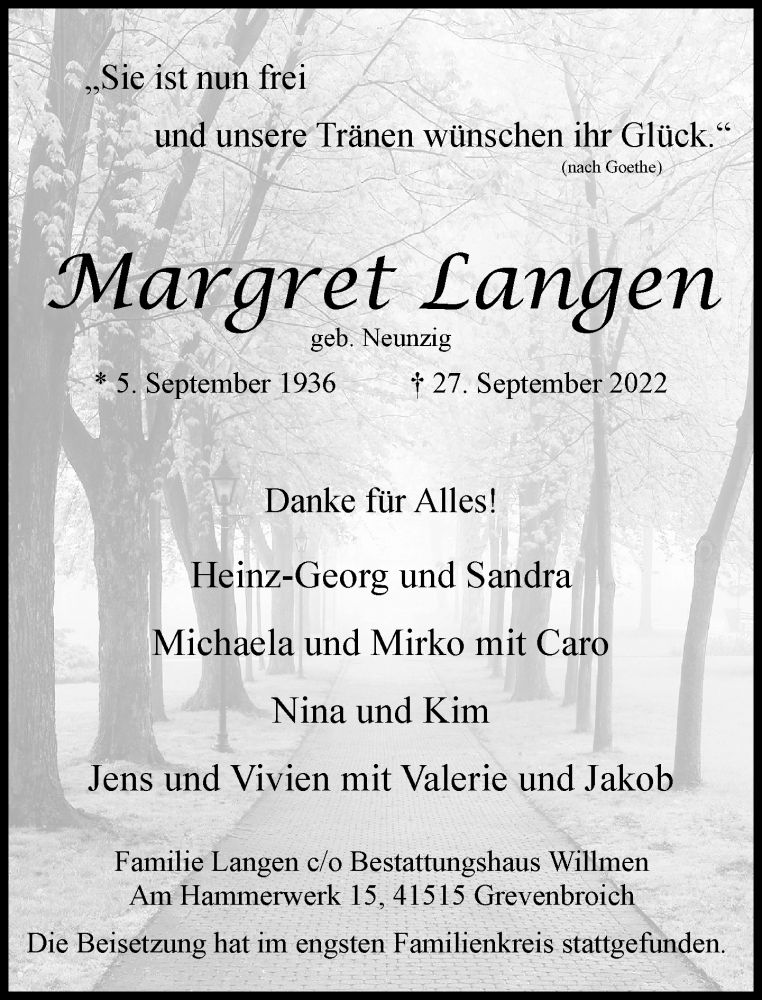  Traueranzeige für Margret Langen vom 15.10.2022 aus Rheinische Post