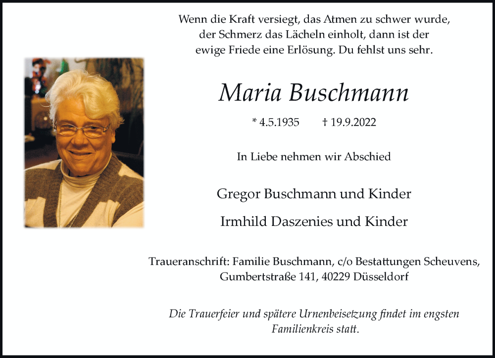  Traueranzeige für Maria Buschmann vom 01.10.2022 aus Rheinische Post