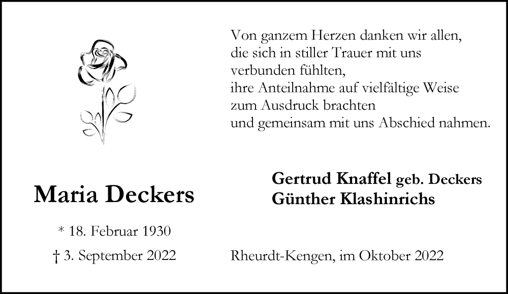  Traueranzeige für Maria Deckers vom 22.10.2022 aus Rheinische Post
