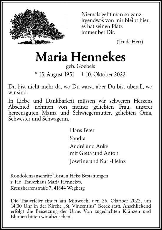 Traueranzeige von Maria Hennekes von Rheinische Post