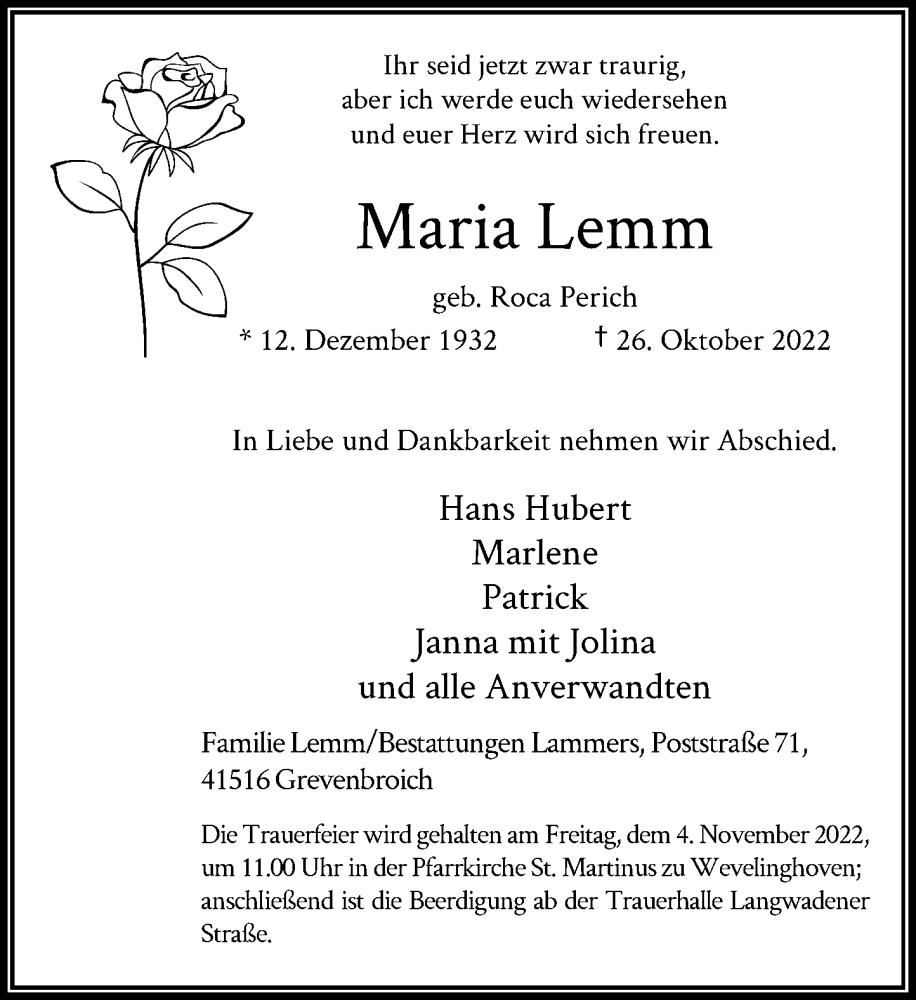  Traueranzeige für Maria Lemm vom 29.10.2022 aus Rheinische Post