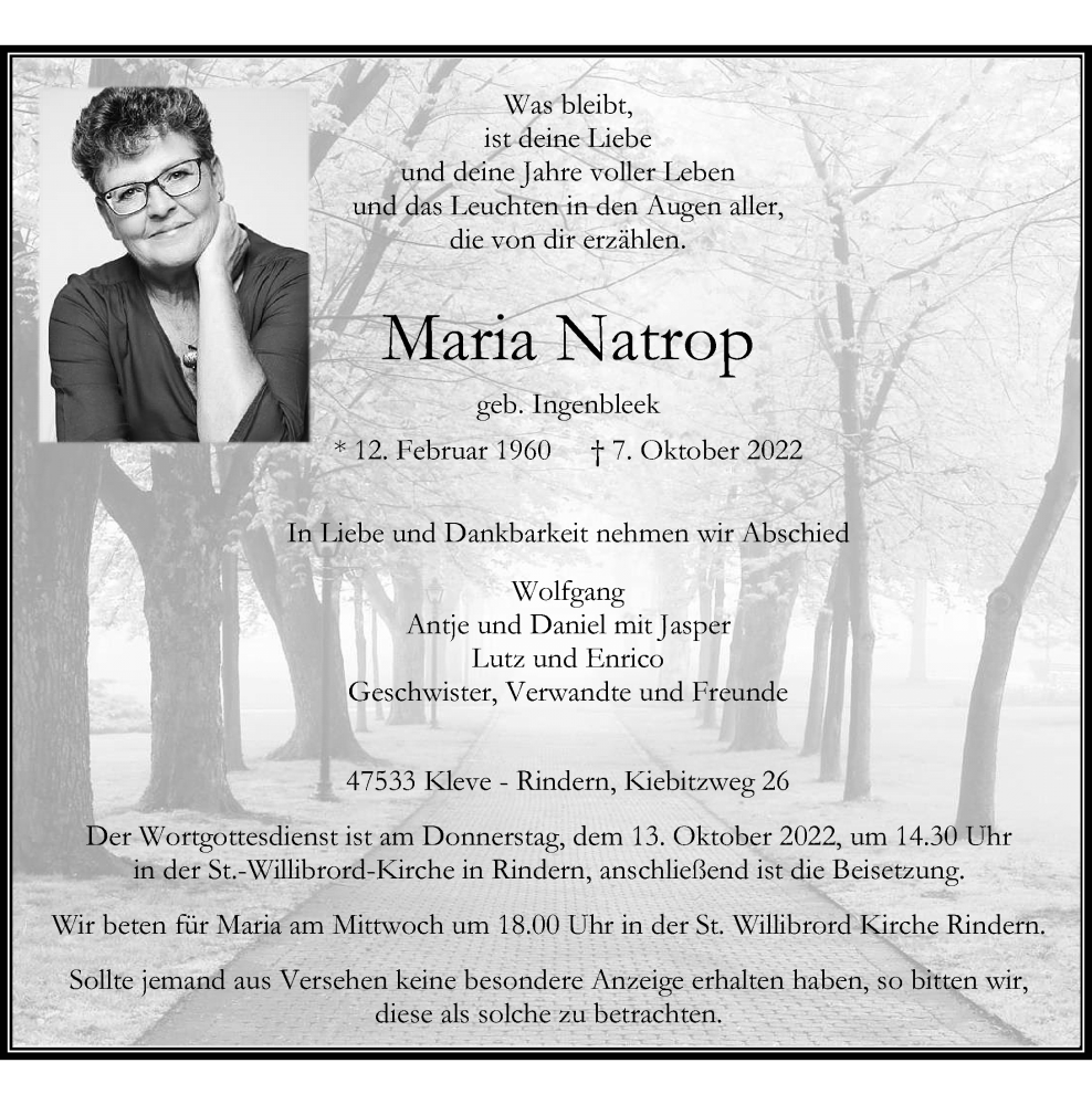  Traueranzeige für Maria Natrop vom 11.10.2022 aus Rheinische Post