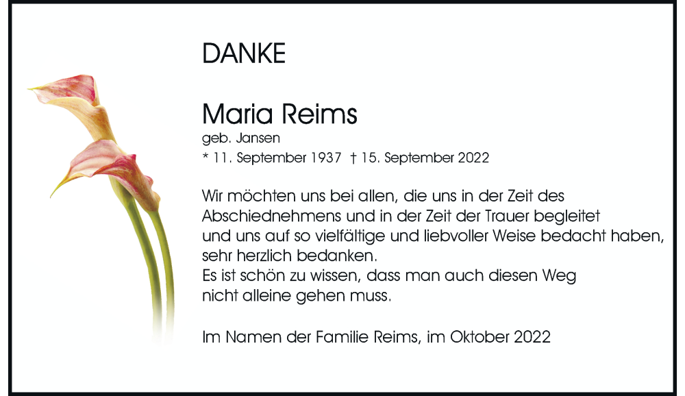  Traueranzeige für Maria Reims vom 22.10.2022 aus Rheinische Post