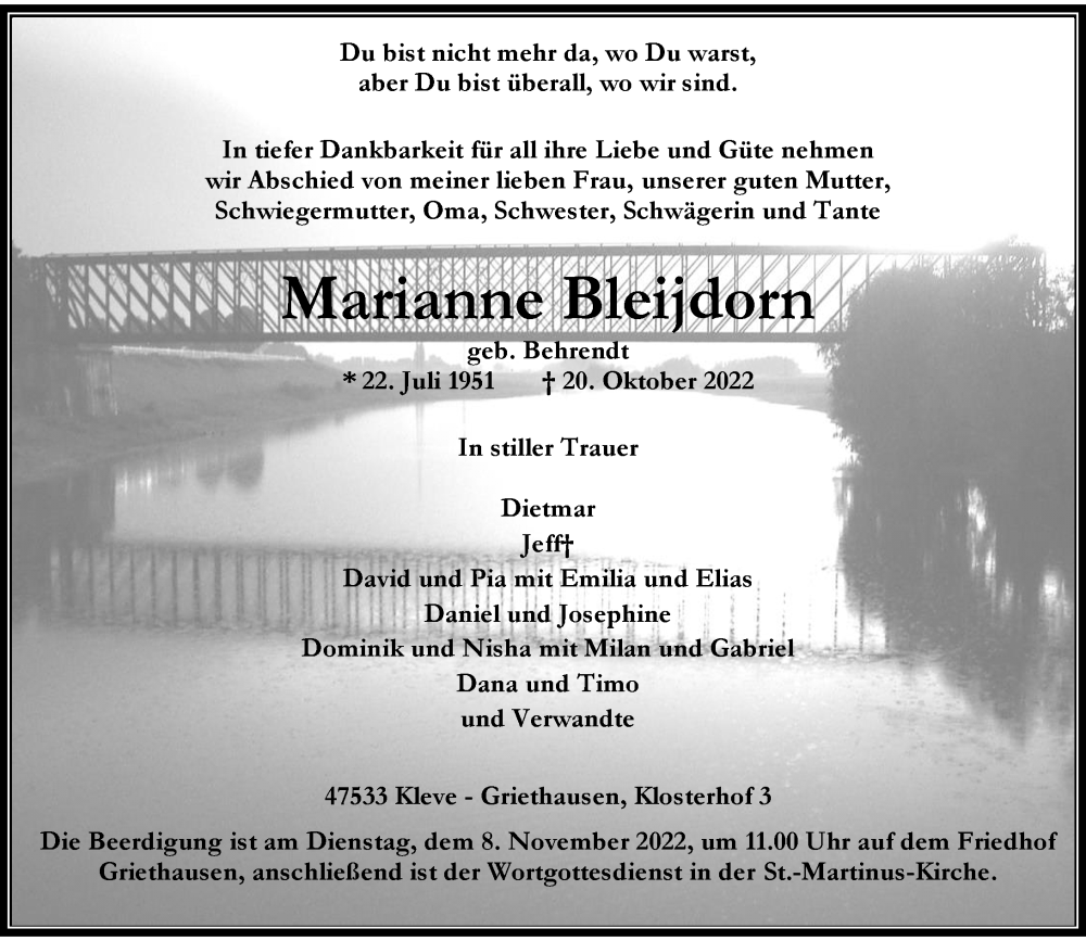  Traueranzeige für Marianne Bleijdorn vom 29.10.2022 aus Rheinische Post