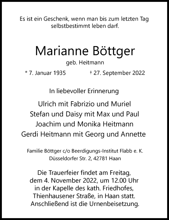 Traueranzeige von Marianne Böttger von Rheinische Post