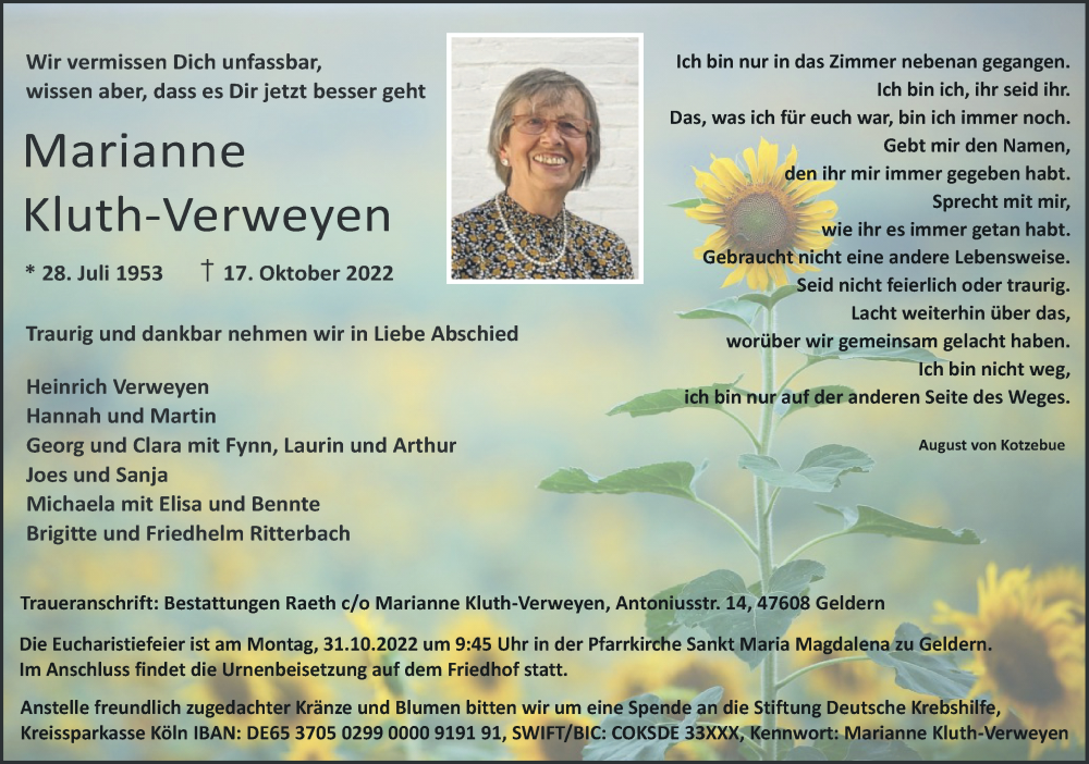  Traueranzeige für Marianne Kluth-Verweyen vom 22.10.2022 aus Rheinische Post