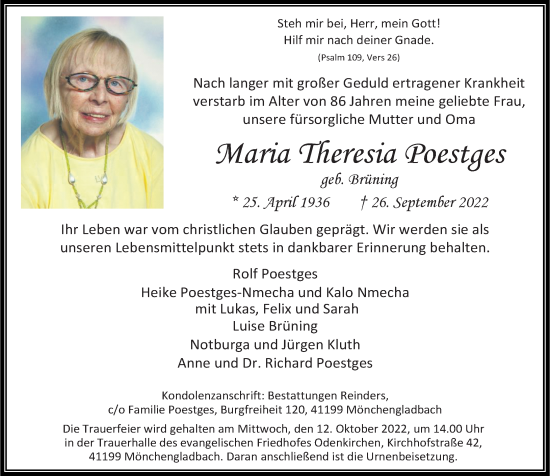 Traueranzeige von Maria Theresia Poestges von Rheinische Post