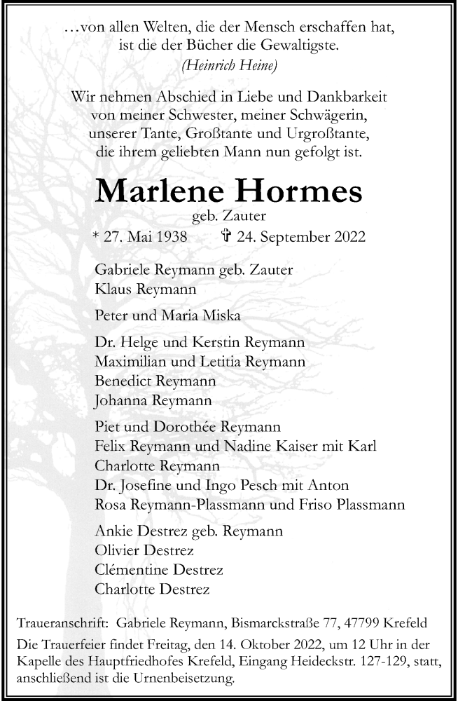  Traueranzeige für Marlene Hormes vom 08.10.2022 aus Rheinische Post