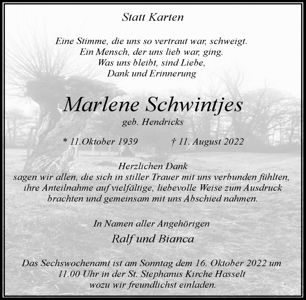  Traueranzeige für Marlene Schwintjes vom 15.10.2022 aus Rheinische Post