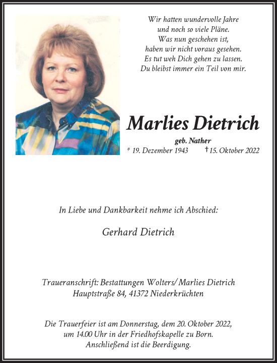 Traueranzeige von Marlies Dietrich von Rheinische Post