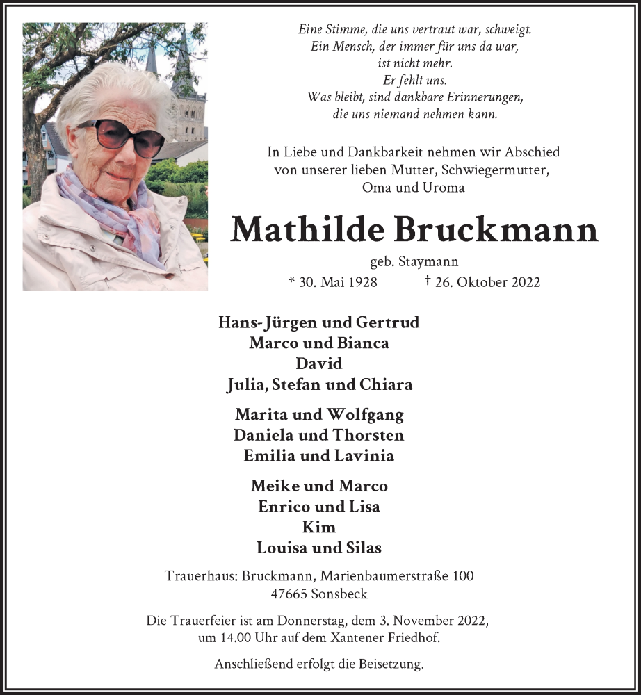  Traueranzeige für Mathilde Bruckmann vom 29.10.2022 aus Rheinische Post