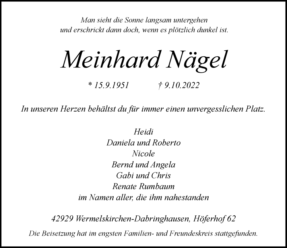  Traueranzeige für Meinhard Nägel vom 22.10.2022 aus Rheinische Post