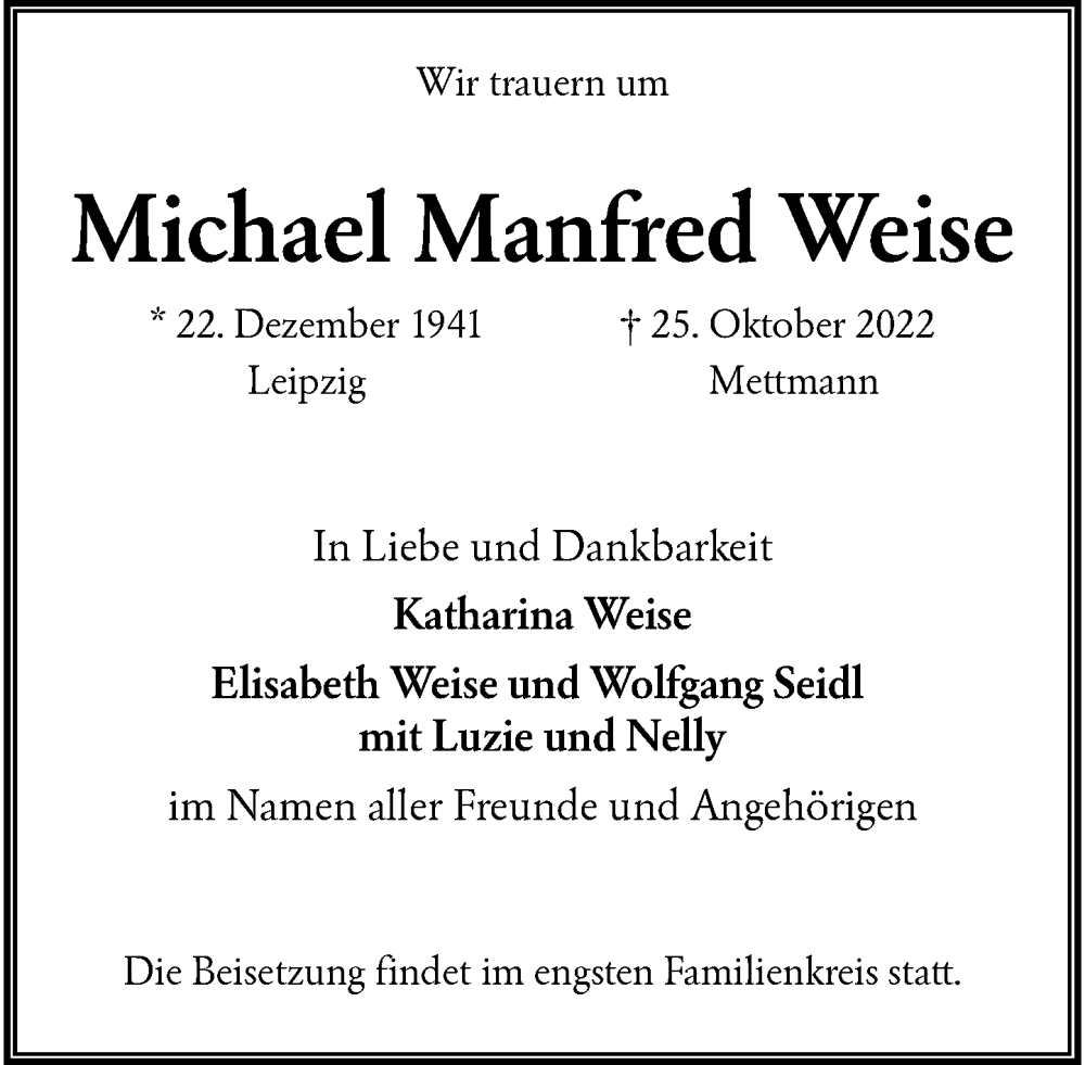  Traueranzeige für Michael Manfred Weise vom 29.10.2022 aus Rheinische Post