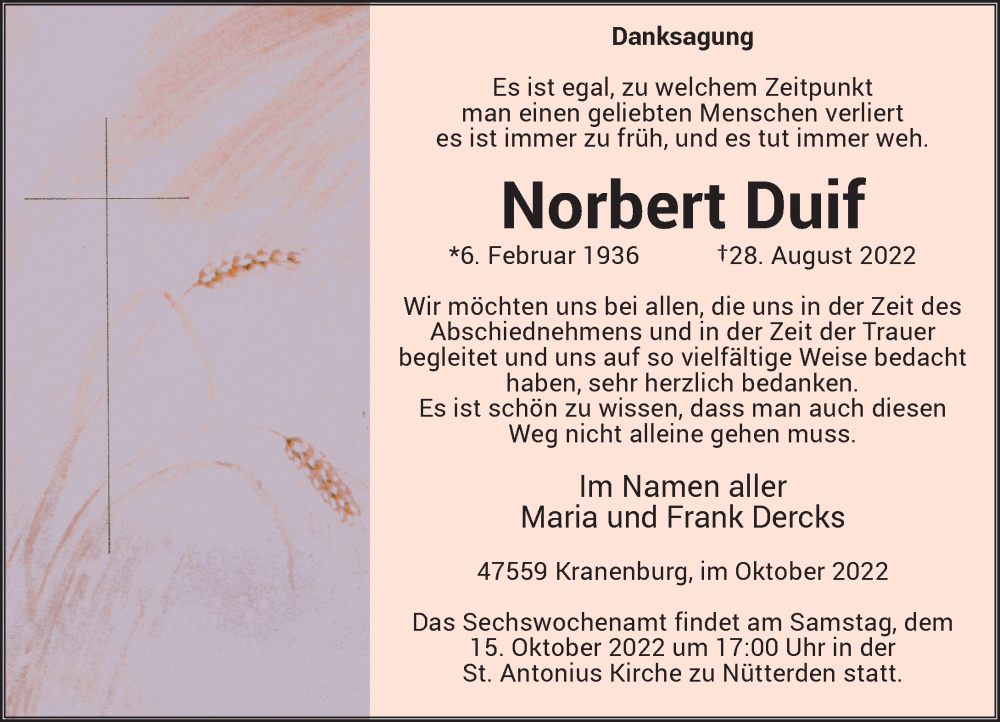  Traueranzeige für Norbert Duif vom 08.10.2022 aus Rheinische Post