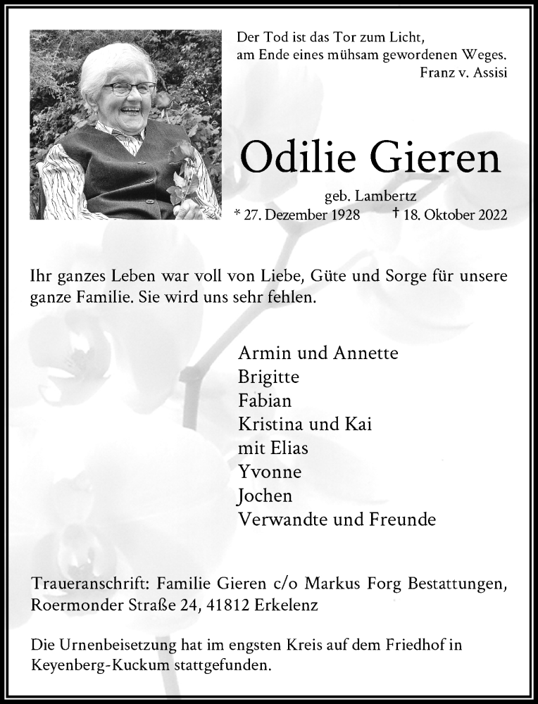  Traueranzeige für Odilie Gieren vom 05.11.2022 aus Rheinische Post