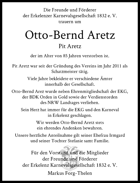 Traueranzeige von Otto-Bernd Aretz von Rheinische Post