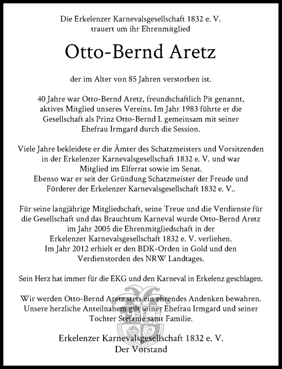 Traueranzeige von Otto-Bernd Aretz von Rheinische Post