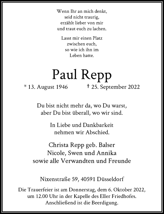 Traueranzeige von Paul Repp von Rheinische Post