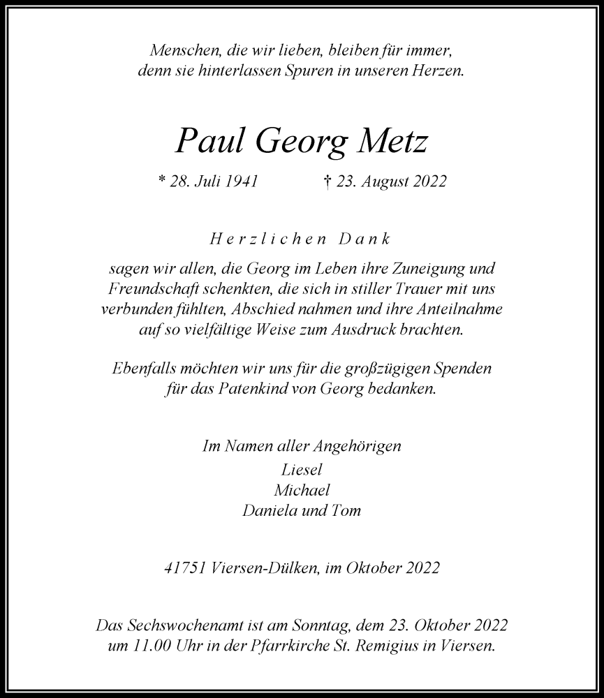  Traueranzeige für Paul Georg Metz vom 15.10.2022 aus Rheinische Post