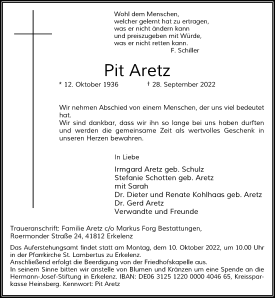 Traueranzeige von Pit Aretz von Rheinische Post