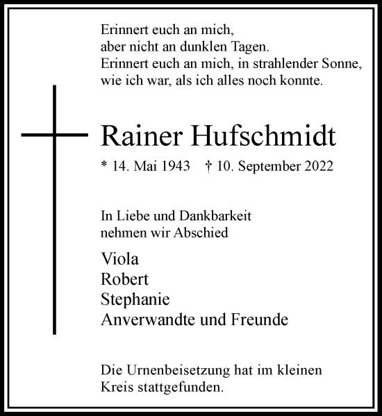 Traueranzeige von Rainer Hufschmidt von Rheinische Post