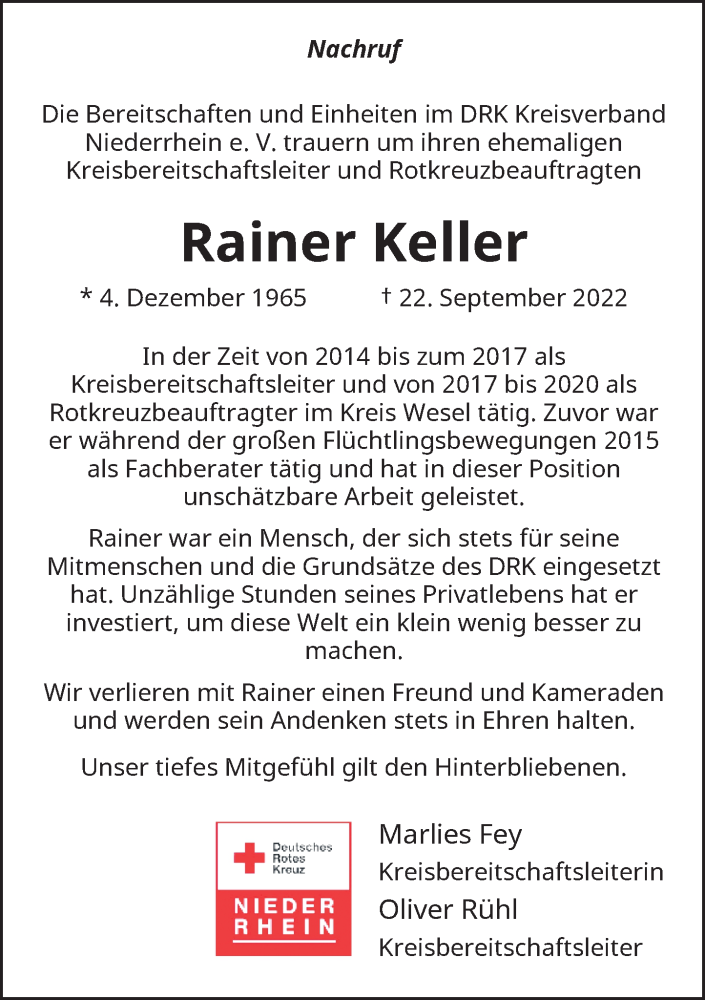  Traueranzeige für Rainer Keller vom 01.10.2022 aus Rheinische Post