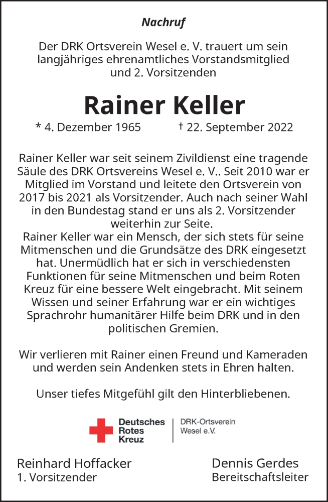  Traueranzeige für Rainer Keller vom 01.10.2022 aus Rheinische Post