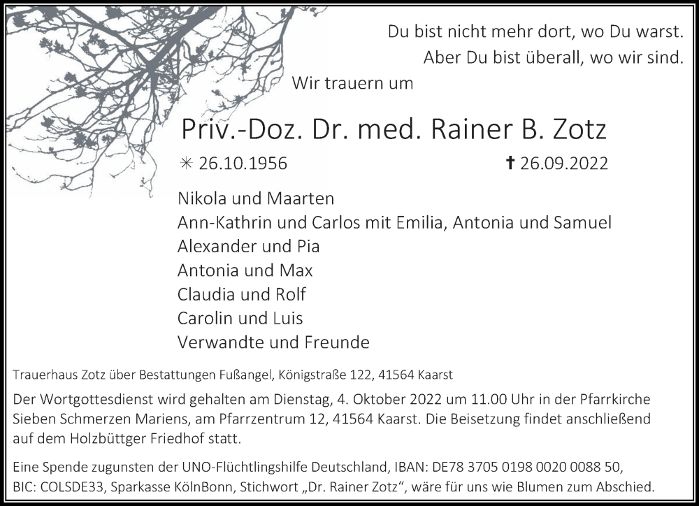  Traueranzeige für Rainer B. Zotz vom 01.10.2022 aus Rheinische Post