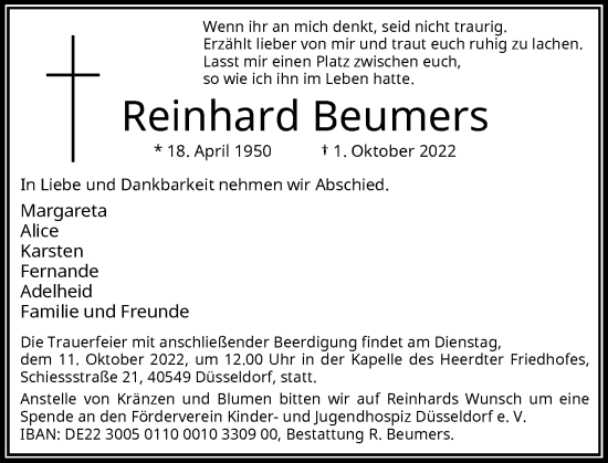 Traueranzeige von Reinhard Beumers von Rheinische Post