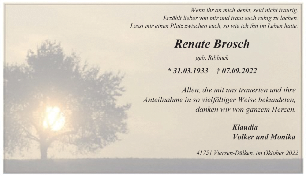  Traueranzeige für Renate Brosch vom 15.10.2022 aus Rheinische Post