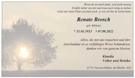 Traueranzeige von Renate Brosch von Rheinische Post