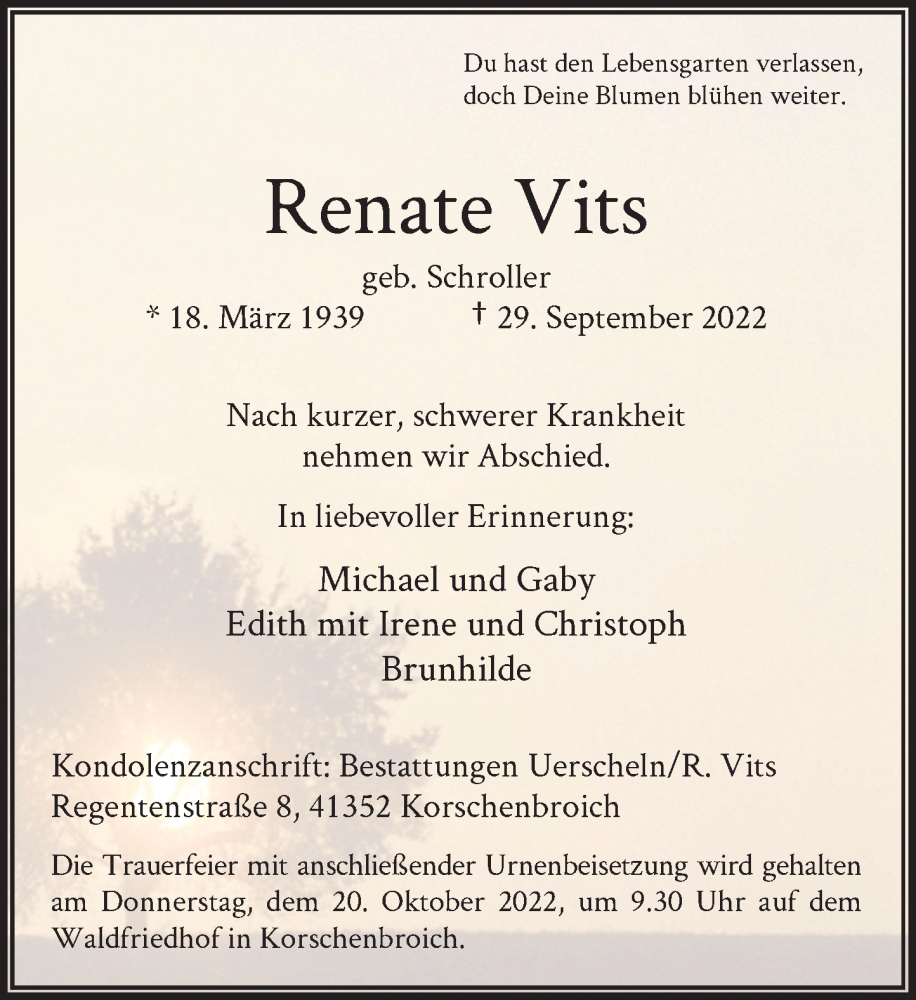  Traueranzeige für Renate Vits vom 08.10.2022 aus Rheinische Post
