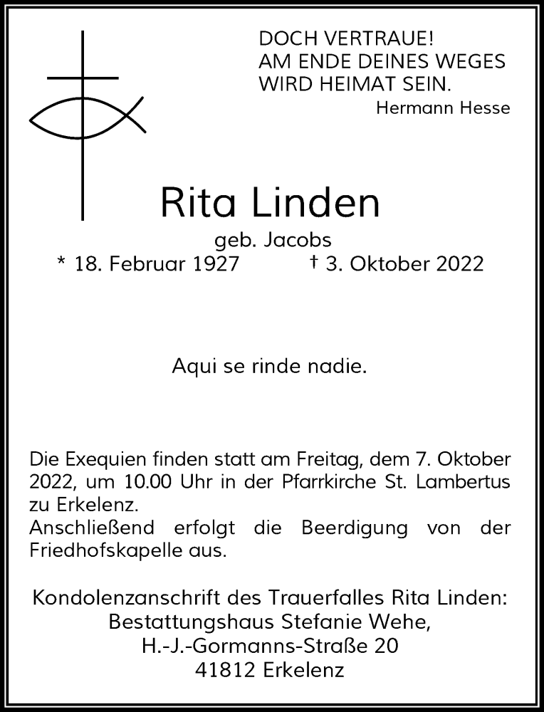  Traueranzeige für Rita Linden vom 05.10.2022 aus Rheinische Post