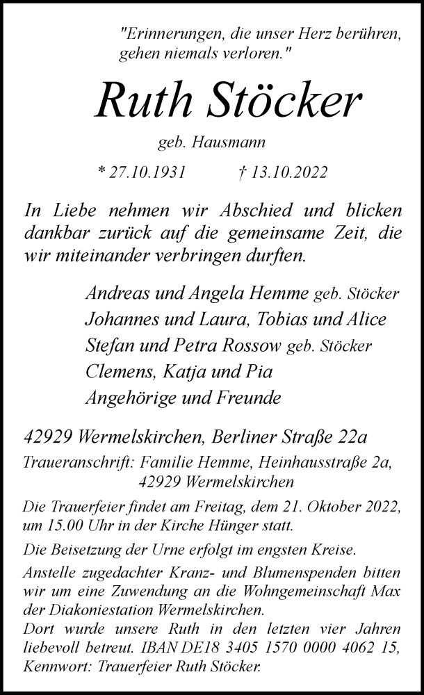  Traueranzeige für Ruth Stöcker vom 18.10.2022 aus Rheinische Post