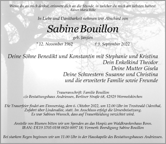 Traueranzeige von Sabine Bouillon von Rheinische Post