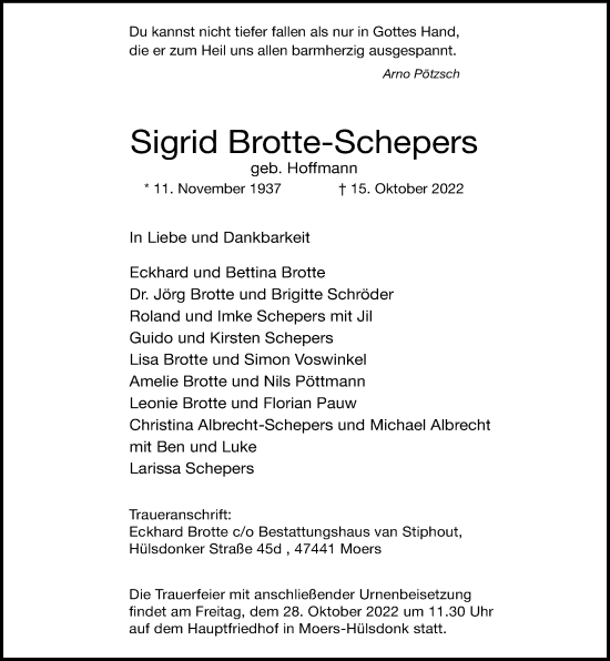 Traueranzeige von Sigrid Brotte-Schepers von Rheinische Post