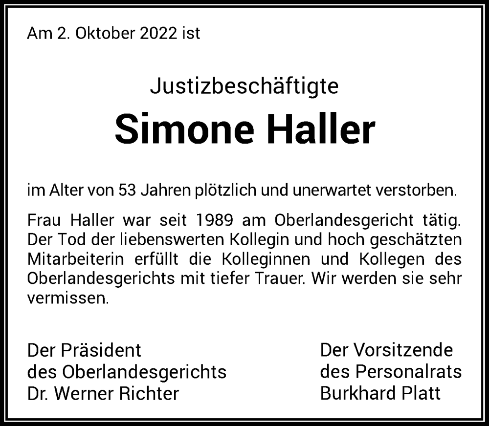  Traueranzeige für Simone Haller vom 20.10.2022 aus Rheinische Post