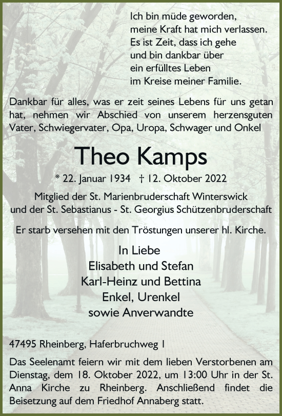 Traueranzeige von Theo Kamps von Rheinische Post