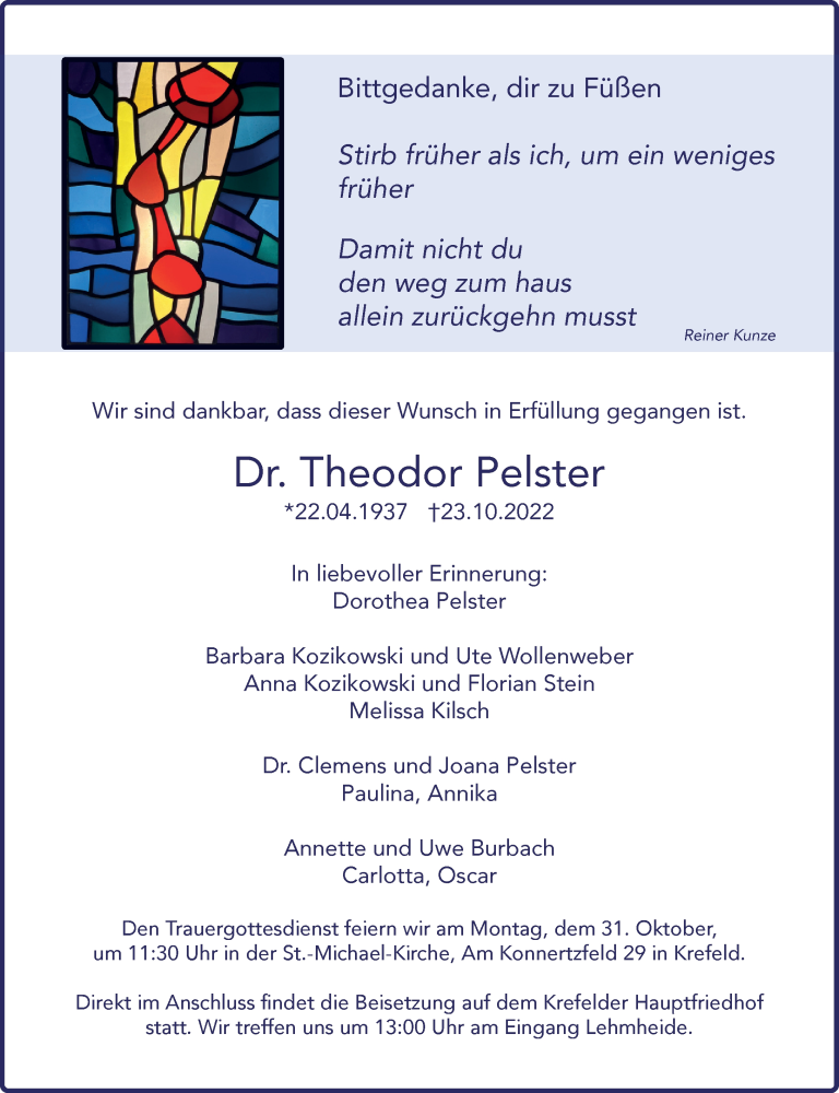  Traueranzeige für Theodor Pelster vom 29.10.2022 aus Rheinische Post
